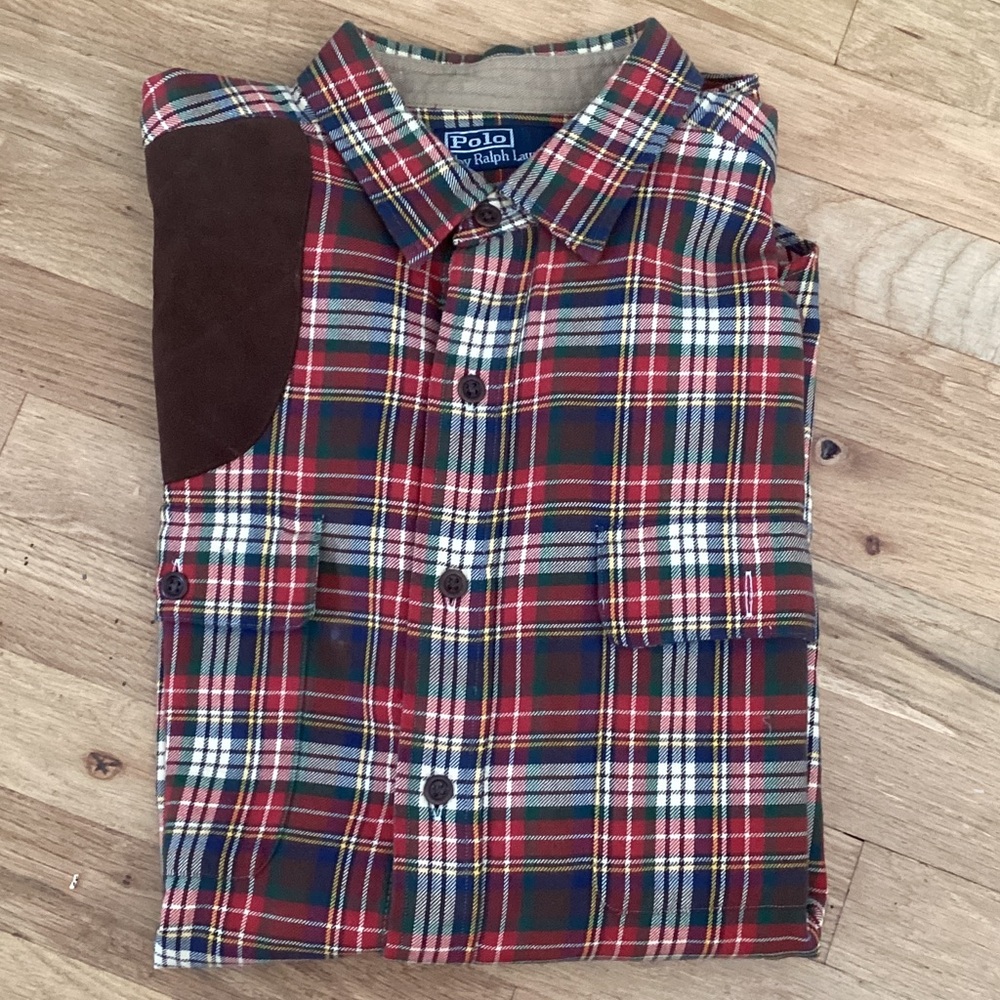 Polo by Ralph Lauren Red Plaid Button-Down Shirt with Brown Patch. Large